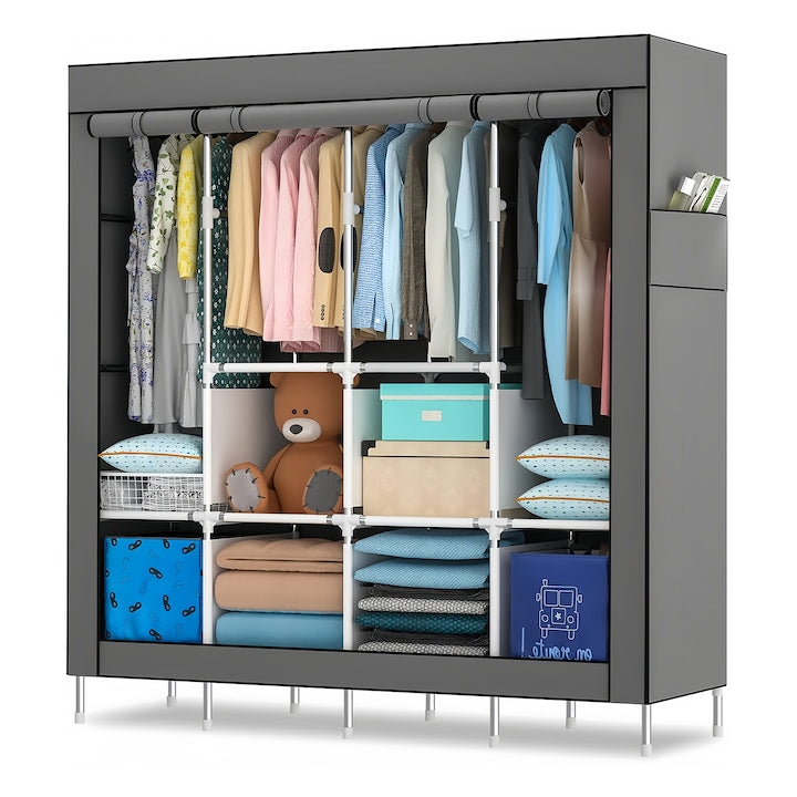Wacorresi Fabric Wardrobe, Foldable Fabric Wardrobe for Clothes with Metal Frame, Shelves, 16MM Steel Tube, Thickened Non-Woven Material, Large Capacity, Fully Dustproof, 170x45x170cm, Grey