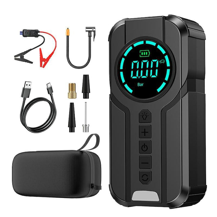 Starter auto si compresor aer 4-in-1  Rqiurpn  12V  10000 mAh  150PSI  Starter Baterie  Display digital  3 moduri de lumina LED  Powerbank USB  Portabil  Clesti inteligenti si husa transport incluse  Pentru motor Benzina sau Diesel  Negru