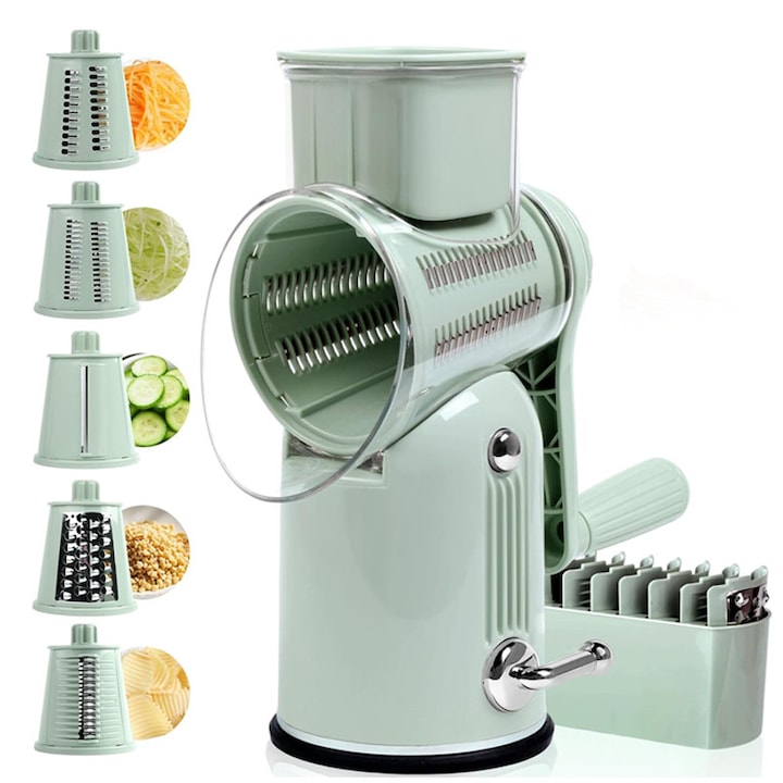Rqiurpn Rotary Grater, 5 Stainless Steel Blades, Suction Cup, Green, 20x15x10cm