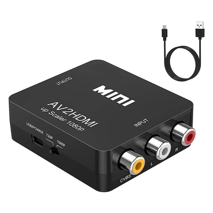 Adaptor mini convertor  Darklove  RCA la HDMI  Cu cablu USB  Full HD 1080p(60HZ) video si audio stereo  5V 1A  Plug to Play  Durabile  Usor de utilizat  Anti-frecare  Portabil  ABS  6 x 5.4 x 2 cm  Negru