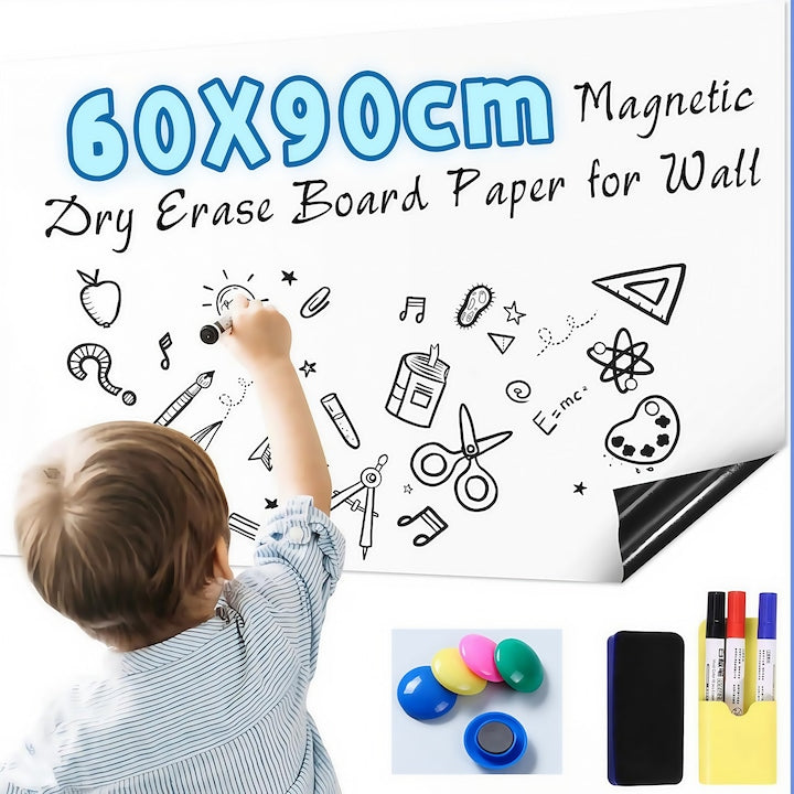 Tabla magnetica  Wacorresi  Tabla magnetica adeziva  Tabla de scris tip autocolant pentru perete  cu 6 inchizatori magnetice  1 radiera pentru tabla  1 organizator magnetic  unghie care nu marcheaza  3 pixuri  flexibila  reutilizabila  60X90cm  alb