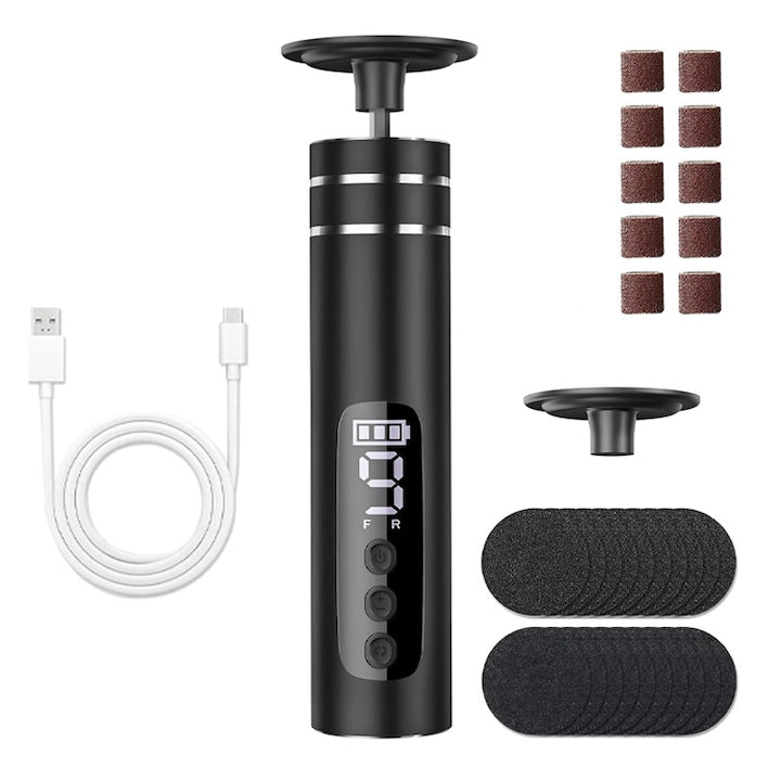 Electric File for Soles and Heels 2-in-1 Rqiurpn 9 Speeds 600 RPM 1800 mAh Forward and Reverse Switching Digital LED Display with 30 Interchangeable Files for Dead Skin and Callus Removal Portable Black