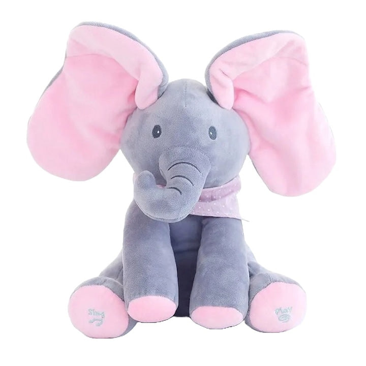 Jucarie de plus NEXTLY  elefant Peek a Boo  canta  se joaca Cucu Bau si acopera fata cu urechile  33 x 16 cm  gri-roz