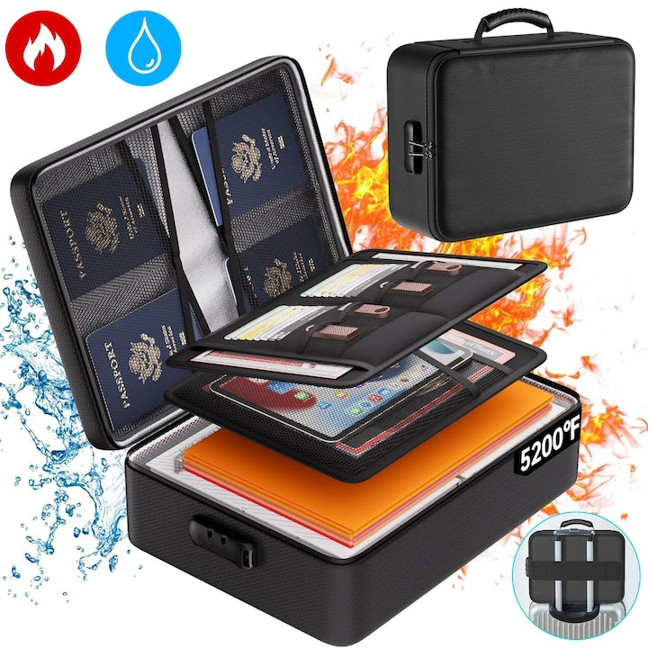 Fireproof Document Box CHOLLY, Waterproof, Large Capacity, 38.5x28.5x11 cm, Black