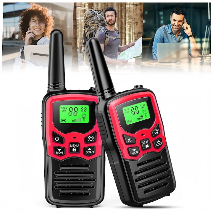 Set 2x JFYU Portable Radio Station Set 2 walkie-talkies 22 FRS channels Backlit LCD display Communication range up to 8 Km 2.5mm Jack Flashlight 10 Ring Tones 2 Radio Frequencies FCC ID 2ASV6-T5A VOX 3 Modes Red