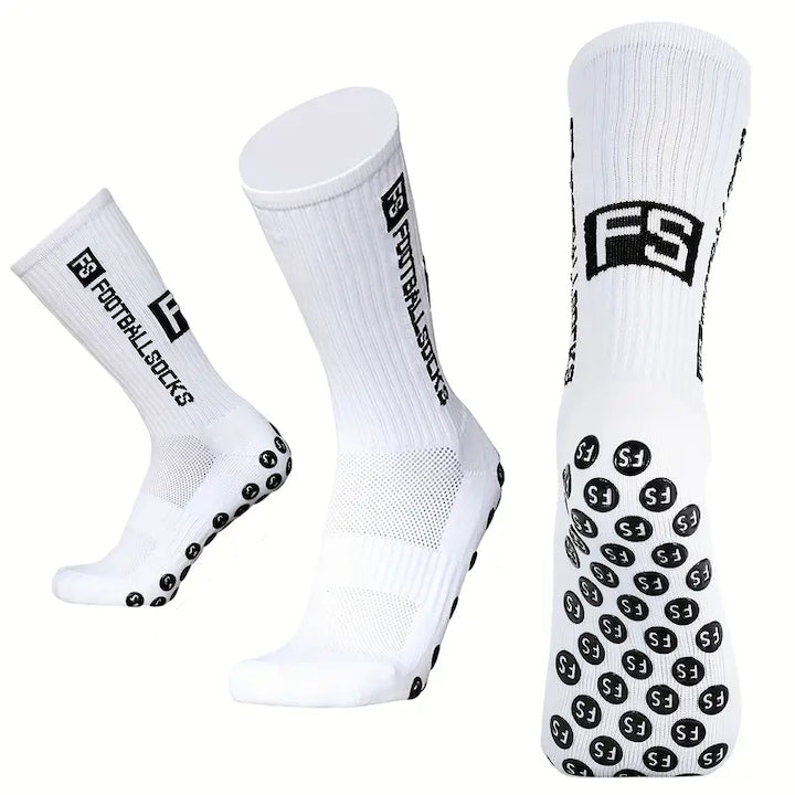 OEM - Set 3 perechi sosete de fotbal  anti-alunecare  profesionale cu grip pe talpa  alb  one size