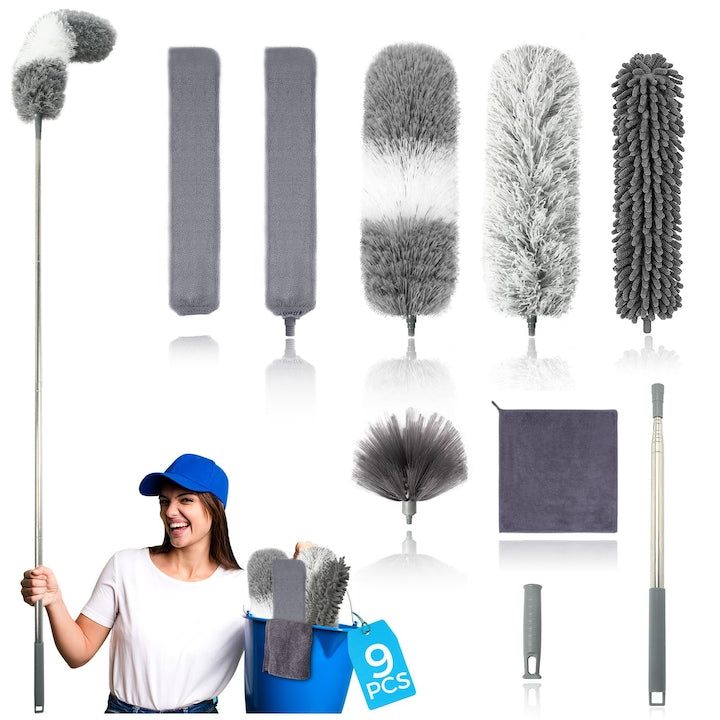 Set 9 Piese pentru Curatenie MWAOWM  Kit Microfibra Extensibil  Capete Detasabile  Multicolor  30x280cm