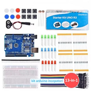 Kit Starter Arduino UNO R3 13 in 1 pentru Incepatori - Breadboard 400 Puncte  LED-uri  Cutie Organizare