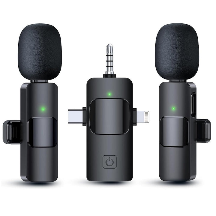 Set 2 microfoane profesionale lavaliera  USB C  3.5 Jack  Wireless live  2.4 GHz  interviuri  Reincarcabile  Reducerea zgomotului de fundal  Compatibil telefon  camera DSLR  Placa de sunet  laptop  Android  iPad  iOs  portabile  Negru