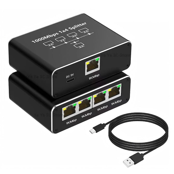Splitter Ethernet RJ45 cu 4 Porturi  Adaptor Retea Internet 1 la 4 Porturi  Carcasa din Aluminiu  Alimentare USB  Suport 1000Mbps  pentru IPTV  Router  Nergu