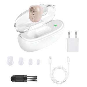 Axroad Mall Rechargeable In-Ear Hearing Aid, 5-Level Volume Adjustable Sound Amplifier for Moderate to Severe Hearing Loss, with Intelligent Noise Cancellation, Up to 35 Hours Battery Life, Beige/White