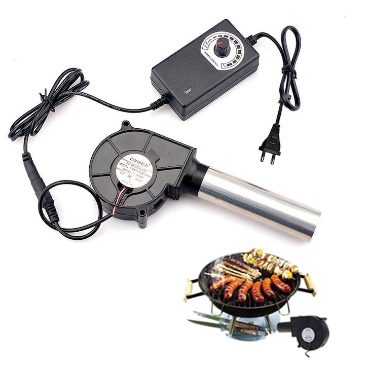 Suflanta industriala  ZOUN  12 V  zgomot redus  control variabil 5500 RPM  motor fara perii  debit de aer reglabil  gratar  camping  utilizare in aer liber  include furtun lung  durabila  negru