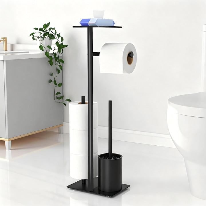 Toilet Paper Holder Wacorresi 4-in-1 Multifunctional Toilet Paper Holder with Toilet Brush Storage Box Toilet Paper Reserve Toilet Brush Metal Stainless Steel Black