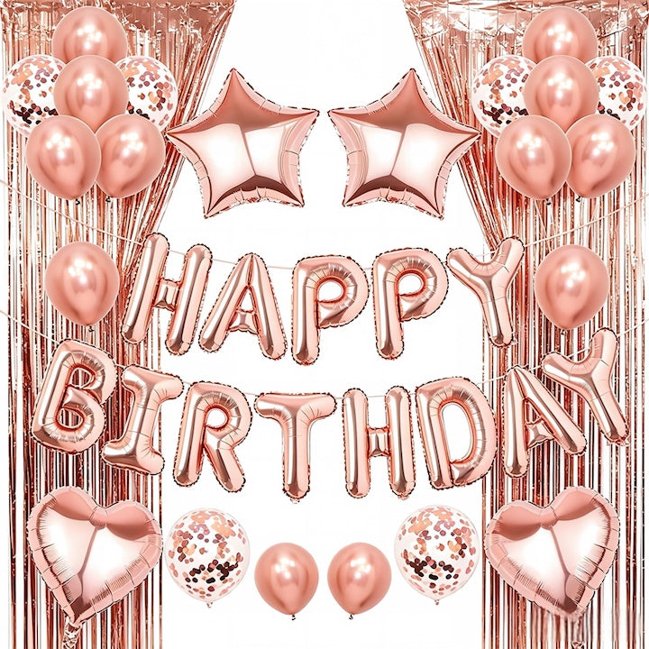 Set Baloane Petrecere Aniversara 40 Piese Rose Gold Elegant - Banner La Multi Ani 13 Litere  Perdele Franjuri  Stele si Inimi + Baloane cu Paiete