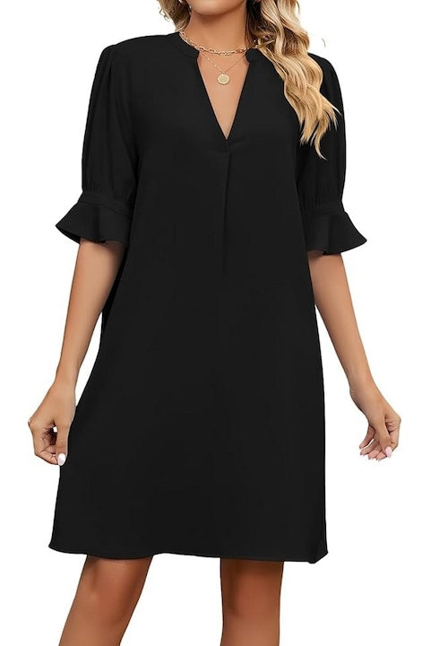 OEM - Rochie Roomtour simpla  lejera  de lungime medie  cu decolteu in V  cu maneci in cinci puncte  pentru femei  Negru 12 rate cu 0% dobândă