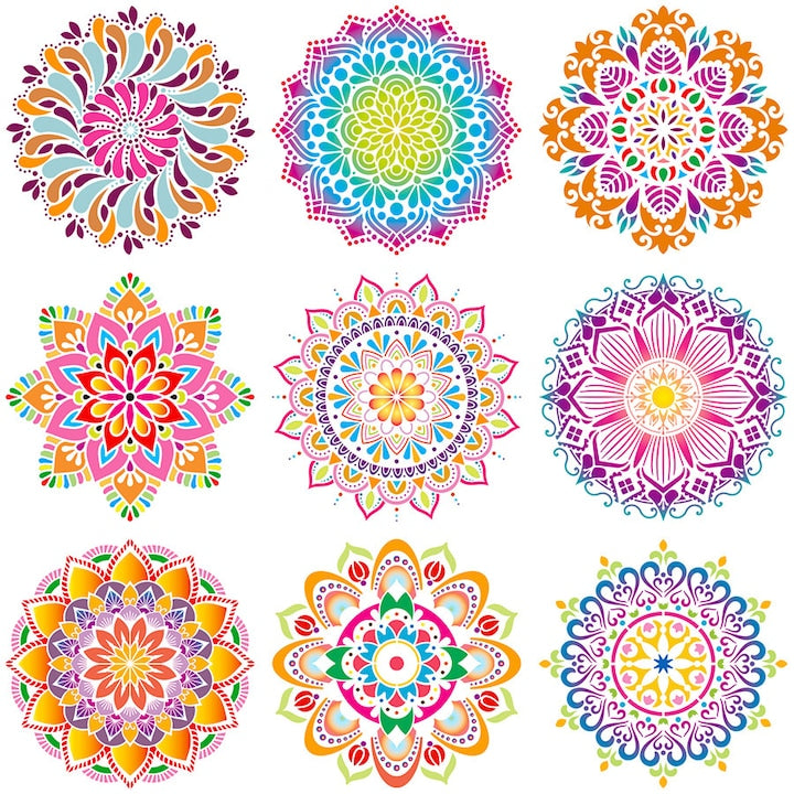 Set of 9 Mandala Flower Stencils, Reusable, High Temperature Resistant, Plastic, Fade-resistant, Easy to Clean, for Crafts DIY Painting Wood Art Wall Rocks, 30.5x30.5cm, PET
