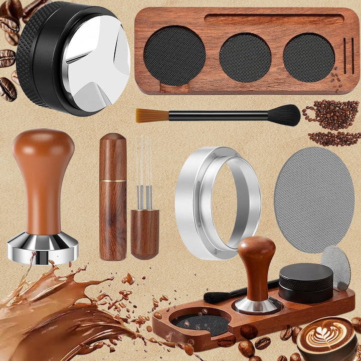 Set de 7 Accesorii Espresso Profesionala  Swejah 58mm  cu Tamper pentru Cafea  Instrument WDT  Palnie de Dozare  Sita Puck  Perie de Curatare  Statie de Tampare  Maro