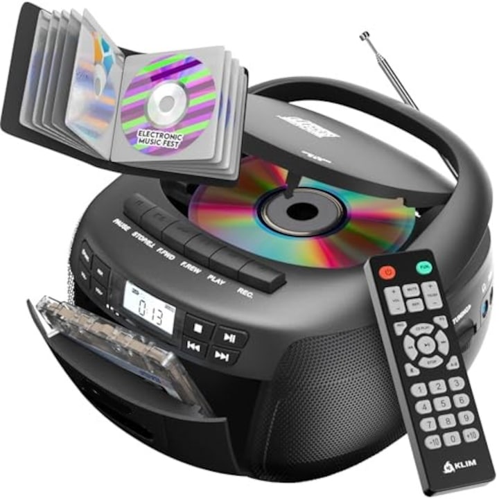 CD player si casetofon portabil multifunctional  WALALLA  Bluetooth 5.1  radio AM/FM  functie de inregistrare  telecomanda  casetofon  compatibil cu formate audio CD/CD-R/CD-RW/MP3/WMA  potrivit pentru acasa  masina  studiu  calatorii  negru