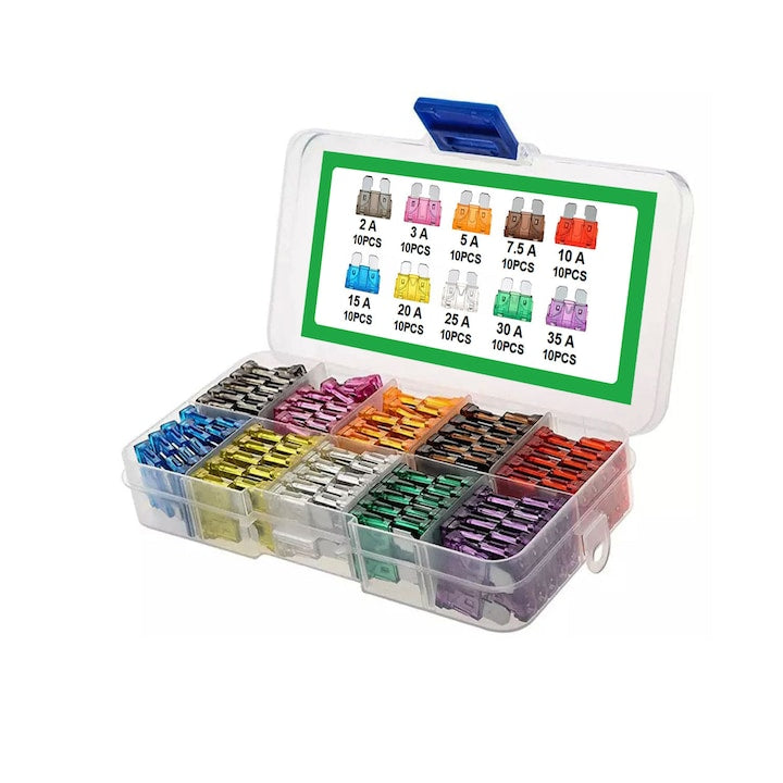Set de sigurante auto  100 piese  3A  5A  7.5A  2x10A  15A  2x20A  25A  30A
