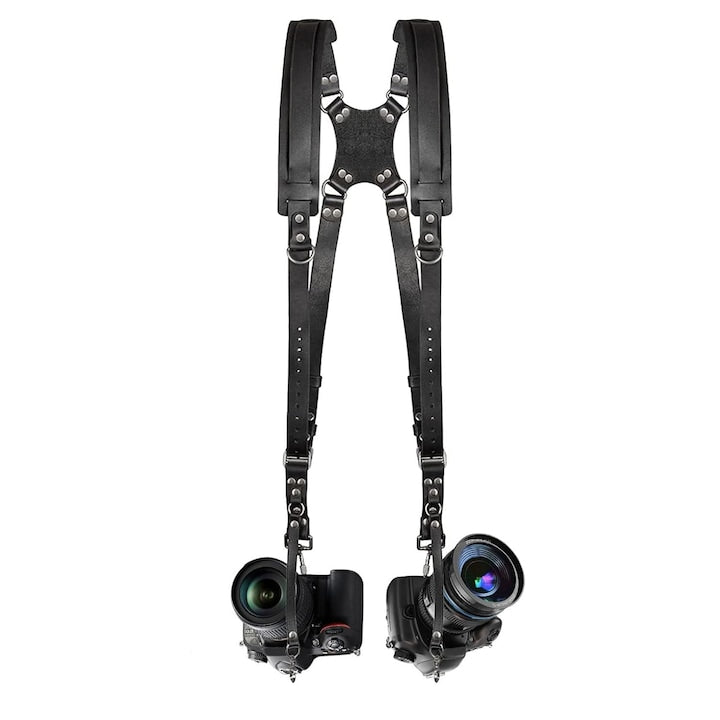 Strap dublu pentru aparate foto DSLR/Mirrorless  Piele naturala de bovina  Marime universala  50×66cm  Negru