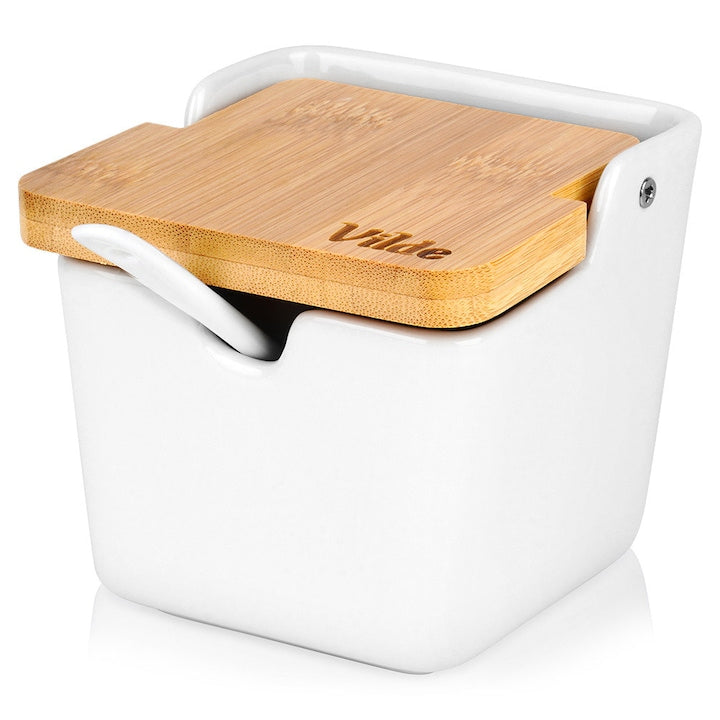 Zaharnica Cu Lingurita  Vilde  Ceramica/Bambus  Alba  Capacitate 250 ml  Dimensiuni 9.5x9.5x9 cm  Capac Cu Balama  Set 2 Bucati