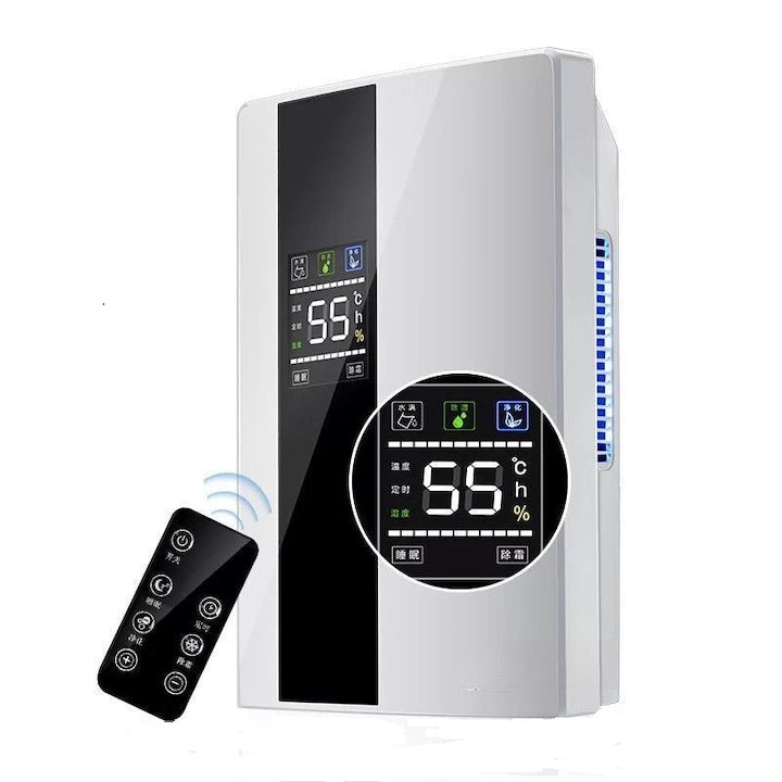 Smart Portable Ultra-Quiet Dehumidifier with Remote Control and Air Purifier, 90W, 2200ml Tank, Continuous Drainage, Automatic Shut-Off and Defrost, LCD Display, ECO, Humidity Setting, Temperature, Timer, Anti-Mold, 30㎡, Silver