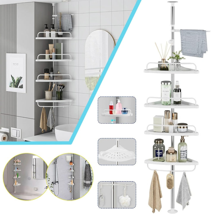 Raft De Colt Reglabil Pentru Baie Cu 4 Niveluri  Suport Telescopic Pentru Dus  100-246 cm  Cu Cadru Din Otel Inoxidabil  4 Tavi  3 Carlige  1 Suport Pentru Prosoape  Organizator Pentru Baie