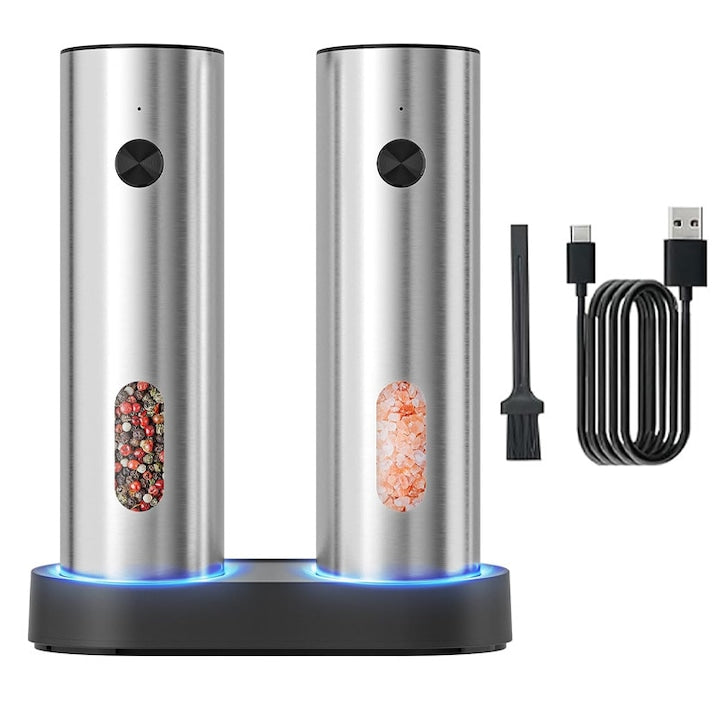 Set 2 Rasnite Electrice Pentru Sare si Piper Din Inox  Rqiurpn  Grad de Macinare Reglabil  Capacitate Mare  Reincarcabile  Cablu USB  lumina LED  Perie Curatare  Stand Pentrus Incarcare  Argintiu/Negru