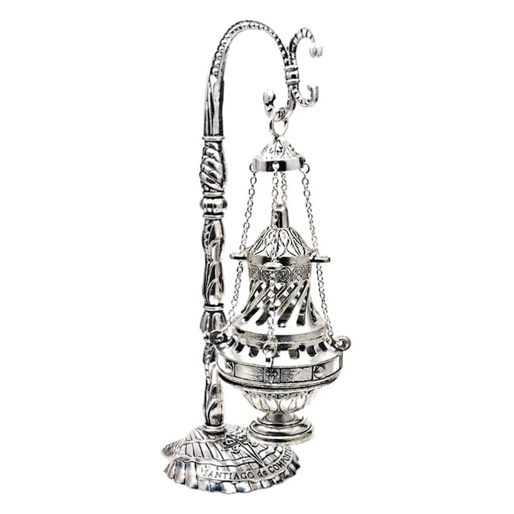 Cadelnita YANYXR BCS3203133 din aliaj  decor sculptat cu capac decupat  cu lant si suport  argintiu  8 x 8 x 22 cm