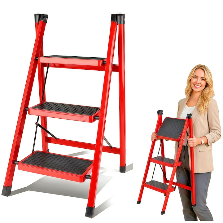 Scara pliabila  Scara din otel cu 3 trepte  Pliabil  Capacitate maxima de incarcare 150 Kg  Picioare Antialunecare  41x55x72cm  Rosu-Negru