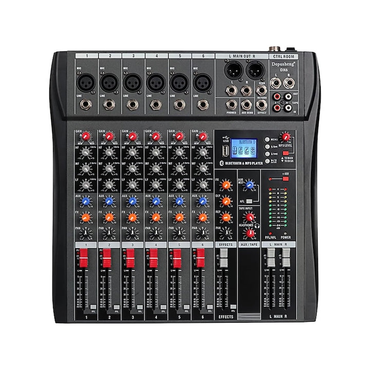 Mixer Audio profesional  Rqiurpn  6 canale  Bluetooth  USB  48V  Inerface audio  Placa de sunet  Potrivit pentru petreceri profesionale de inregistrare  KTV si scena  Negru