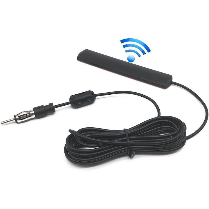 Antena radio AM/FM  Cu amplificator incorporat  cu adeziva  Lungimea liniei 3 m  Negru