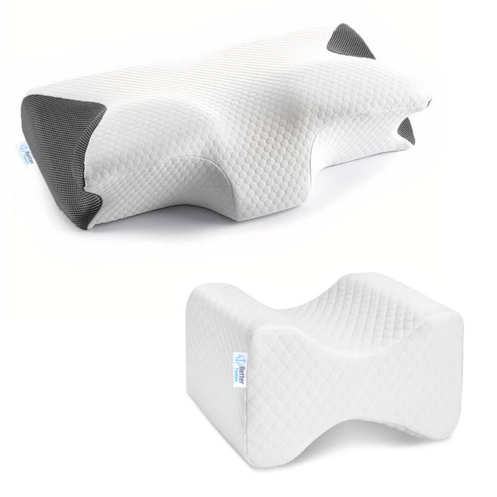 Pachet perna ortopedica cervicala din spuma cu memorie Better Posture Pro si perna ortopedica pentru genunchi din spuma cu memorie Better Posture Pro
