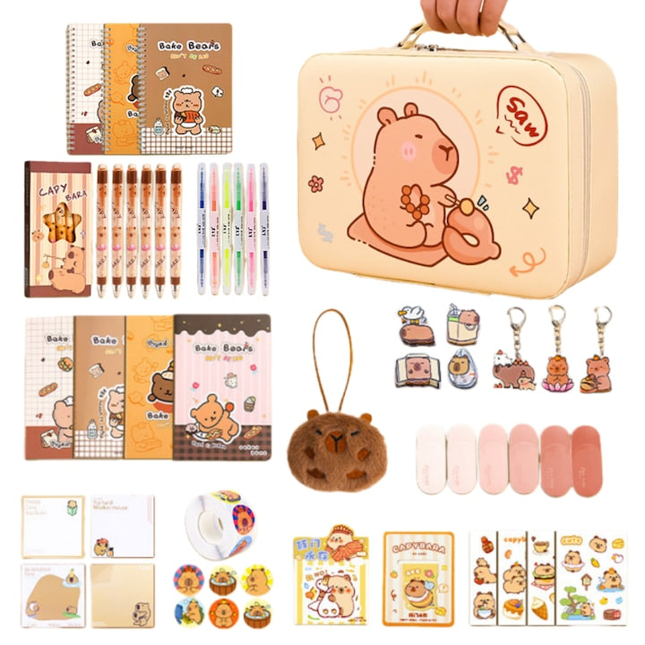Set de 56 piese Papetarie Capybara  Include o cutie de cadou portabila  un caiet  autocolante  brelocuri  brelocuri  biletele autoadezive si semne de carte  Setul potrivit pentru nevoile zilnice ale elevilor la scoala  Cadouri pentru copii