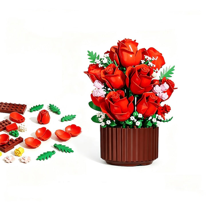 Set de Constructie Trandafir in Ghiveci Blocuri Creative 200+ Piese  10.7x15.2 cm  Cadou pentru Fete  Decor Relaxant