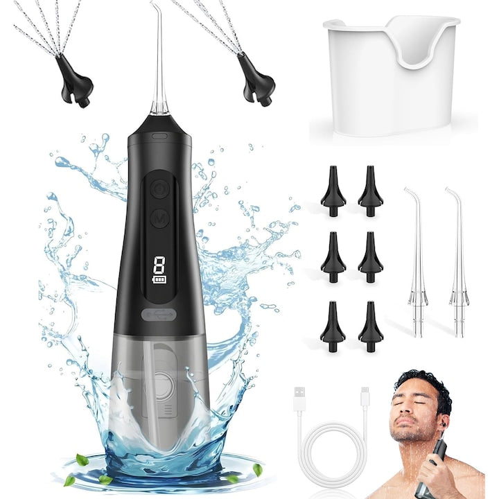 Aparat pentru Curatat Urechile  SANSES  Baterie 1200 mAh  9 Moduri  cu 6 Duze si 2 Capete  Capacitate Rezervor 350ml  Indeparteaza Eficient Ceara  Afisaj LED  Protectie Apa IPX7  Incarcare USB-Tip C  pentru Adulti/Copii  Negru