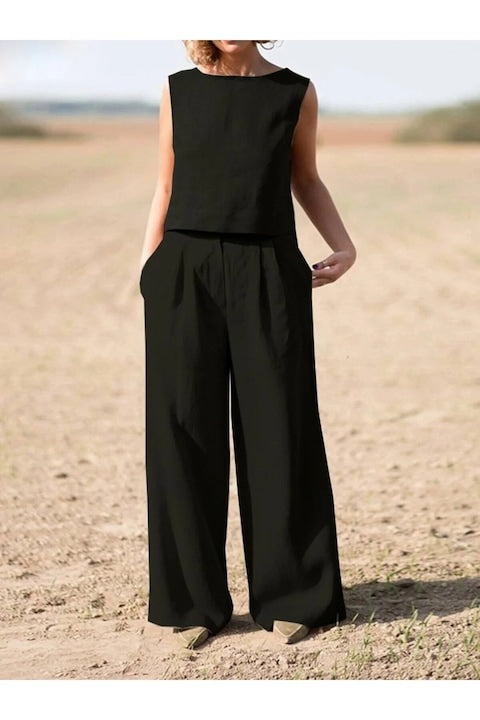 OEM - Women's casual sleeveless top wide-leg trousers set Black Black 12 interest-free installments