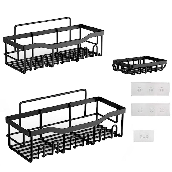 Set 3 Rafturi De Dus Pentru Baie  Zggzerg  Etajera de colt pentru baie  Cu adeziv  Suport pentru sapun  Fara gaurire  Anti rugina  Capacitate maxima de incarcare 20 kg  Usor de instalat si demontat  Otel carbon  Negru