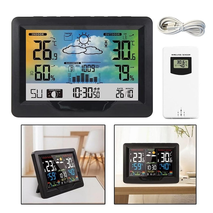 Statie Meteo Fara Fir  Statie Meteo Multifunctionala Wireless cu Senzor Wireless  Termometru si Higrometru Pentru Interior si Exterior  Prognoza Meteo  Ceas cu Doua Alarme  Functie Snooze  Ziua si Data  Nivel de Confort  Negru