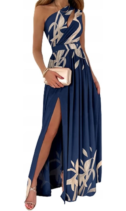 OEM - Rochie de seara  maxi  evazata  L  cu un singur umar  material elastic  anti-sifonare  respirabila  prietenoasa cu pielea  eleganta  bleumarin  bust 94 cm  talie 74 cm  solduri 98 cm  lungime totala 136 12 rate cu 0% dobândă