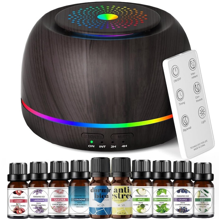 Set difuzor aromaterapie AYCYKD cu 10 uleiuri esentiale 10ml  300ml  control de la distanta  15 LED-uri colorate  functie de temporizare