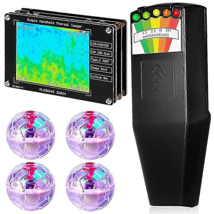 Set echipamente de vanatoare fantome  camera termica infrarosu 2.8 inch  detector camp electromagnetic  4 mingi luminoase  metal