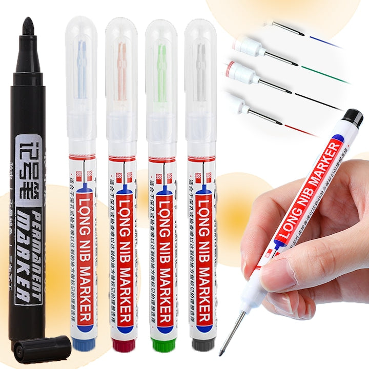 Patru markere cu varf lung de mare capacitate + un marker negru  markere arhitecturale  varf de 22 mm  uscare rapida  impermeabile  potrivite pentru sudare  gaurire  prelucrarea lemnului si marcare arhitecturala (negru  rosu  albastru  verde)