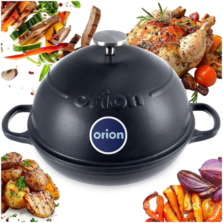 Vas Multifunctional Cu Capac 2In1 Pentru Copt Paine Friptura Si Legume  Orion  Litina Smalt  34.5x26x18 cm / 1.6 L  Fonta Emailata  Negru/Albastru  Cratita Masiva Cu Capac Tip Tigaie  Compatibila Cu Inductie Si Cuptor  Termorezistenta