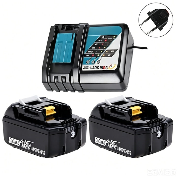 2 x 18V 6000mAh Replacement Battery for Makita + Rqiurpn Dual-Port Charger with Built-in Protection, LED Indicator, Overcharge Protection, Compatible with BL1860 BL1860B BL1850B BL1850 BL1840B BL1830B LXT-400, Black