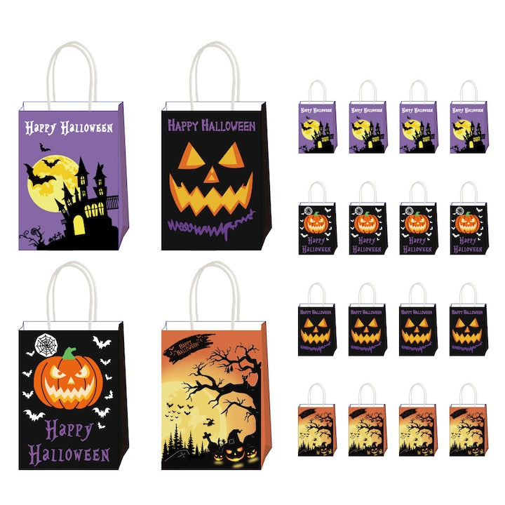 Set de 20 Pungi Halloween  pungi cadou din hartie  cu elemente de Halloween  cum ar fi dovleci si lilieci  4 modele  maner rasucit  15 x8x21 cm  pentru ambalaje de tipul: Bomboane  Biscuiti  cumparaturi  cadou  fast food  covrigarie  panificatie  patiseri