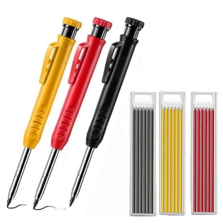 Set Creioane de Trasare  Fantasy  Pachet de 3 - Negru/Rosu/Galben  cu 18 rezerve de schimb (6 din fiecare culoare)  15cm  Design Ergonomic  Varf de stilou cu ascutitoare incorporata  Perfect pentru prelucrarea lemnului  constructii si desen arhitectural