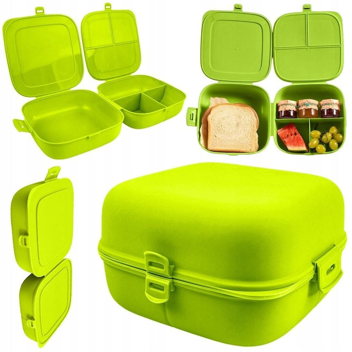 Recipient De Mic Dejun  Vilde  2X700 ml  16x16x9 cm  Doua Recipiente Conectate  Fara Bpa  Cleme Solide Pentru Inchidere  Doua Capace Pentru Fiecare Recipient  Verde