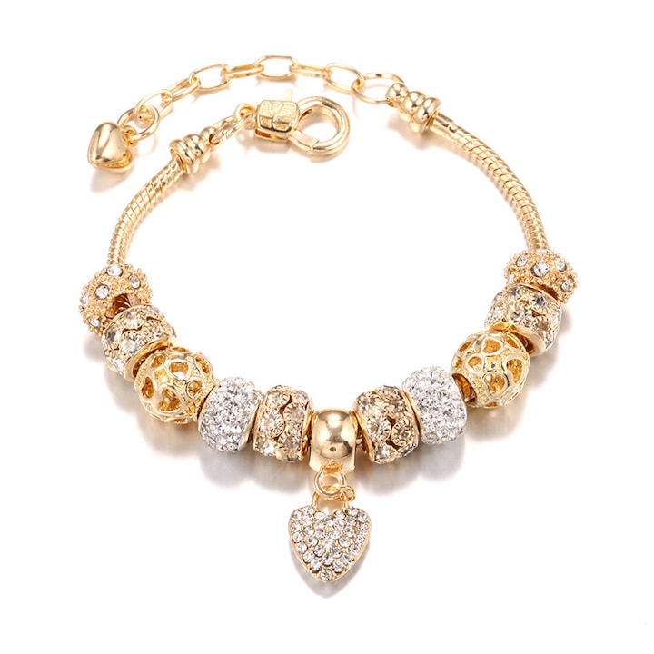 Fantasy - Bratara pentru talismane compatibile Pandora  cu 11 charmuri  18cm+4cm  reglabil  Golden Love  galvanizare  Filtrarea cosmarurilor  Cadou de Zi de Nastere pentru Femei  Bratara prieteniei pentru prietene