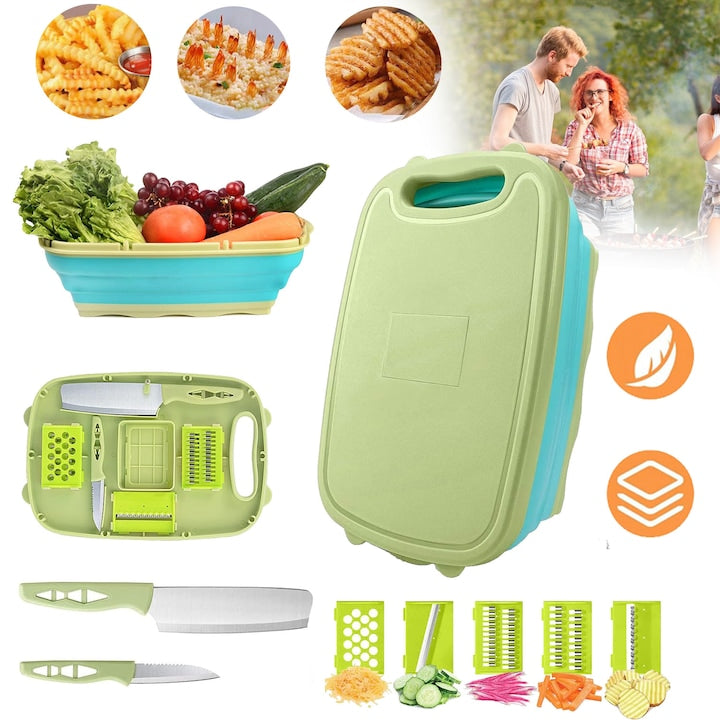 Camping Chopping Board, Foldable Chopping Board with Strainer, 9-in-1 Multifunctional Chopping Board with Vegetable Washing Basket for Kitchen, Camping Gifts and Accessories for RV Camping Enthusiasts